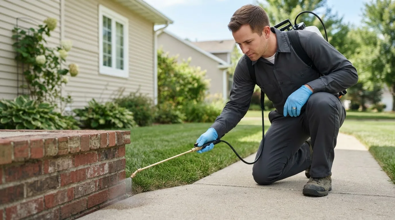 Pest control technician treating a home near Plantsville, CT