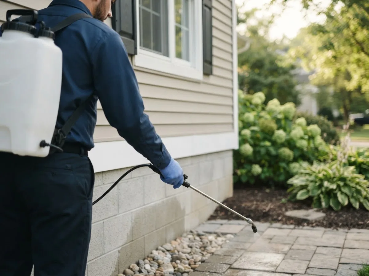 Pest control technician inspecting a home in Plantsville, CT